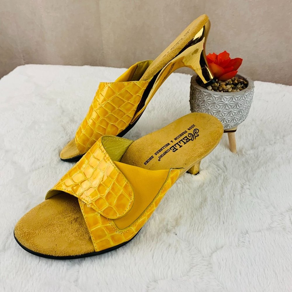 Helle Comfort I Vintage Yellow Mules with Gold Kitten Heel